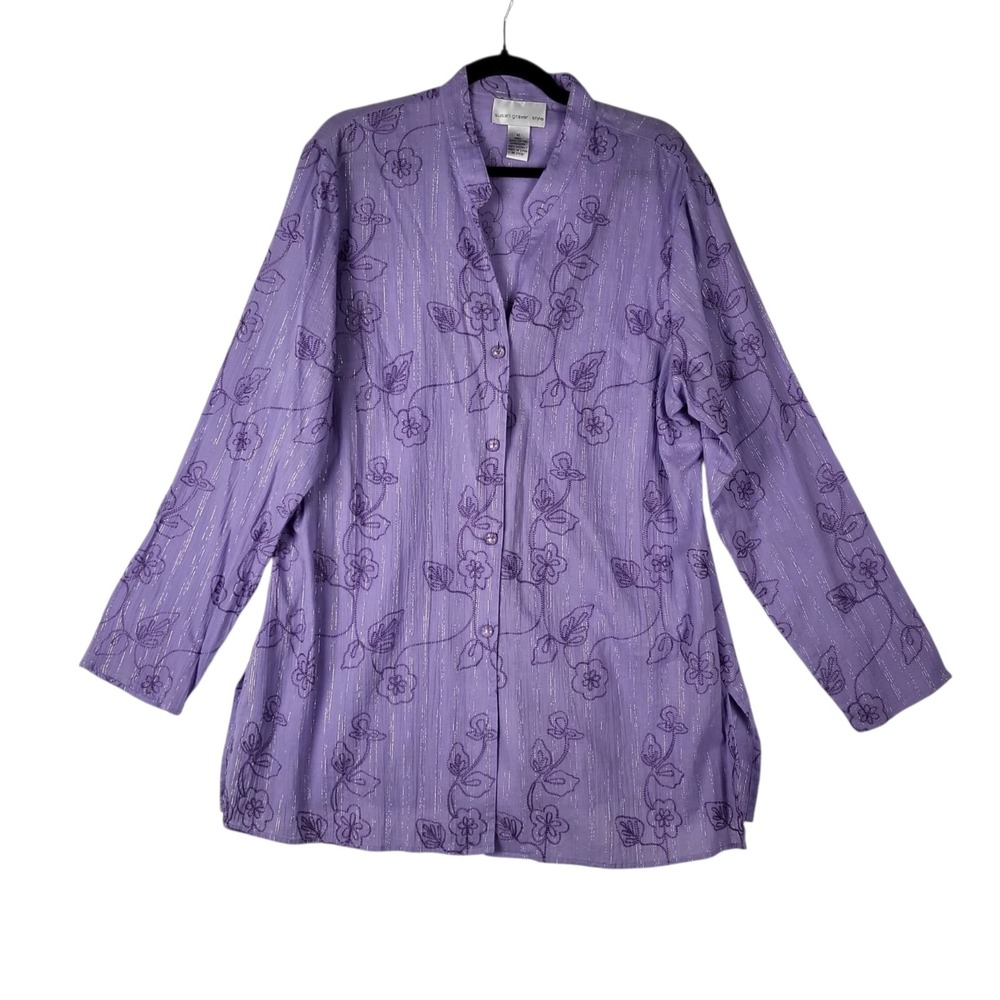 Susan Graver Tunic Blouse Women's XL Purple Button Front Long Sleeve Embroidered